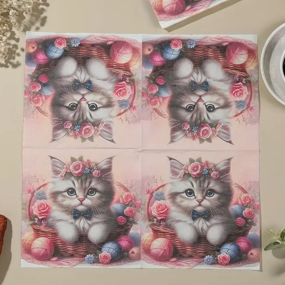Rose Sweet Bow Tie Kitten w Yarn in Basket Luncheon Paper Napkins, 20 ct
